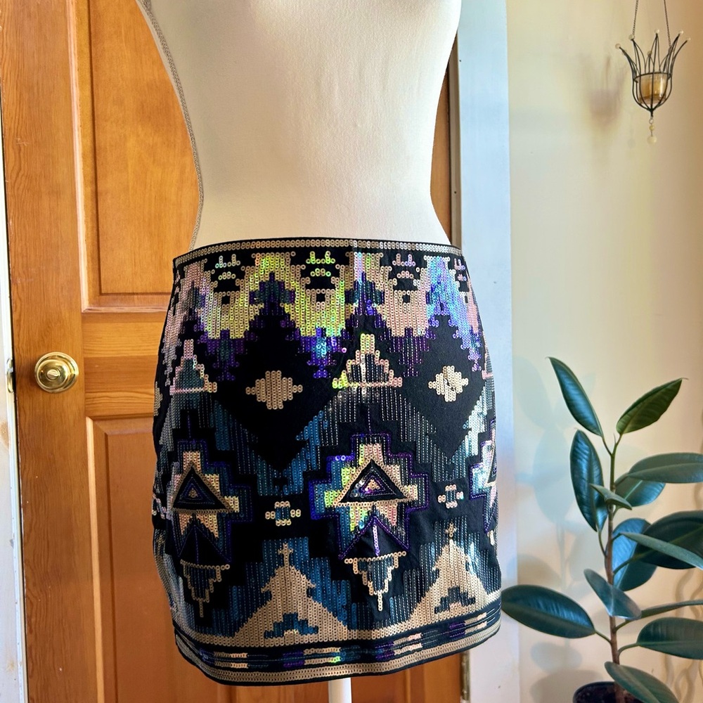 Express Black and Purple Sequin Mini Skirt